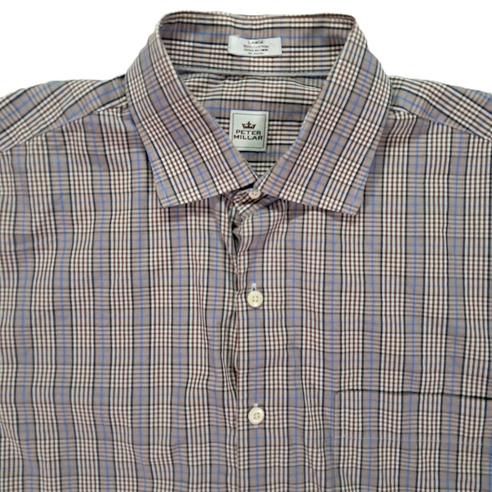 Peter Millar Shirt Men Large Button Up Beige Blue Plaid 100% Cotton Long Sleeve